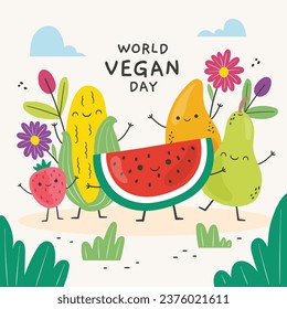 World vegan day background. World vegetarian day background. Happy world vegan day celebration. November 1. Cartoon Vector illustration Template for Poster, Banner, Flyer, Greeting, Card, Post, Cover.