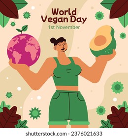 World vegan day background. World vegetarian day background. Happy world vegan day celebration. November 1. Cartoon Vector illustration Template for Poster, Banner, Flyer, Greeting, Card, Post, Cover.