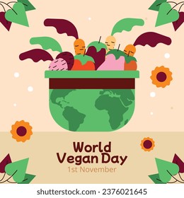 World vegan day background. World vegetarian day background. Happy world vegan day celebration. November 1. Cartoon Vector illustration Template for Poster, Banner, Flyer, Greeting, Card, Post, Cover.