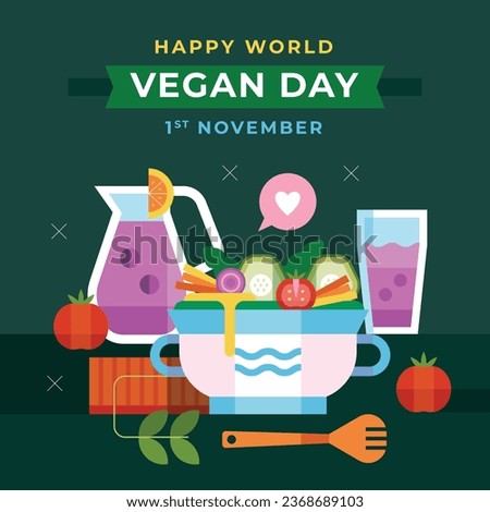 World vegan day background. World vegetarian day background. Happy world vegan day celebration. November 1. Vector illustration. Poster, Banner, Flyer, Greeting Card, Post, Template. Fresh vegetables.