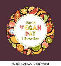 World vegan day. Banner in cartoon style. A wreath of fresh tropical exotic fruits, harvesting. Fresh lemon, lime wedges, watermelon, pitahaya dragon, star fruit, papaya, mango and kiwi. Peach Fuzz.