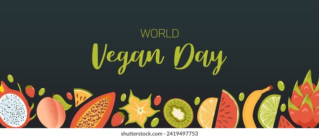 World vegan day. Banner in cartoon style. A Horizontal border of fresh tropical exotic fruits, harvesting. Fresh lemon, lime, watermelon, pitahaya dragon, star fruit, papaya, mango kiwi. Peach Fuzz.