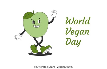 Anuncio del Día Mundial Vegano con lindo personaje de manzana en estilo retro groovy. Ilustración vectorial