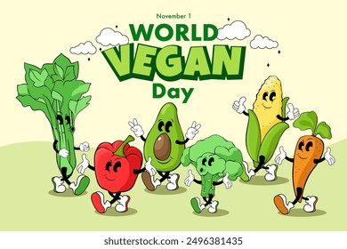 Diseño de Anuncio del Día Mundial del Vegano con verduras de carácter