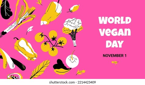 World vegan day banner on pink background. For Social Media Post , Postcard, Greeting card, cover. Vegan, eco, organic design element illustration. November 1