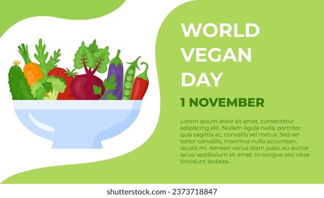 World Vegan Day banner template. Different fresh vegetables in a bowl with basic text. 1 November celebration. Vector illustration.
