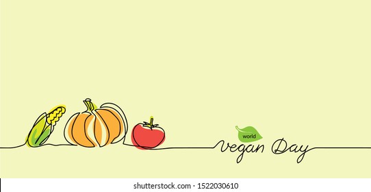 World vegan day border, background. Simple color vegan vector border. Vegetarian one continuous line drawing.