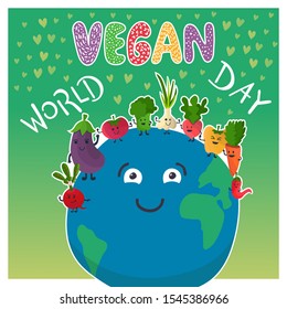 World Vegan Day.
Cartoon characters. Hand drawn colorful veggies standing on planet.
Carrot, chilli, radish, pepper, beet, eggplant, broccoli, tomato. Smiling happy friends. Handwritten words. Sticker