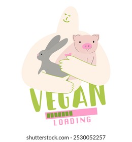 World vegan day celebration. Vegan for Life Illustration to Protect the Earth. Doodle cartoon silhouette of a person hugging a rabbit and a pig. Logo for vegan cafe, poster and advertising