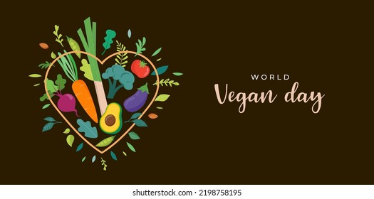World Vegan Day, Concept Design with vegetables heart. For Social Media promotions, sticker, banner, greeting cards