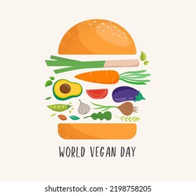 World Vegan Day, Concept Design with vegetable hamburger. For Social Media promotions, sticker, banner, greeting cards