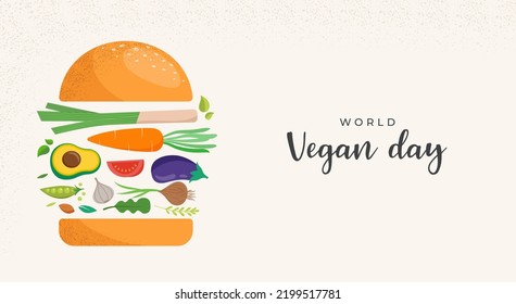 World Vegan Day, Concept Design with vegetable hamburger. For Social Media promotions, sticker, banner, greeting cards