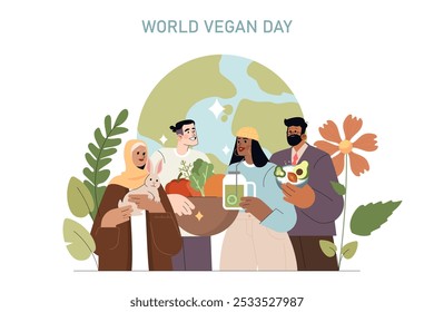 World Vegan Day concept. Diverse group celebrating plant-based lifestyle, promoting healthy eating and sustainability. Global unity for animal rights. Vector illustration.