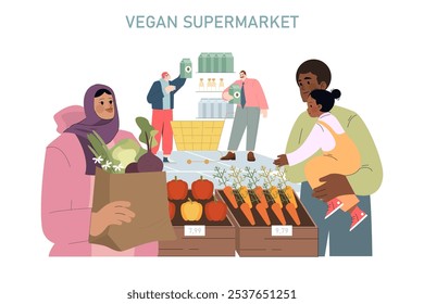 Conceito do Dia Mundial Vegano. Pessoas diversificadas comprando em um supermercado vegano, escolhendo legumes frescos e produtos à base de plantas. Escolha de vida saudável. Ilustração vetorial.