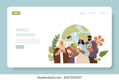 Conceito do Dia Mundial Vegano. Diversas pessoas celebram com alimentos à base de plantas, promovendo um estilo de vida saudável e sustentabilidade. Ilustração vetorial.