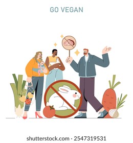 World Vegan Day concept. Diverse people advocating for animal rights and plant-based diet with a "Go Vegan" message. Vector illustration.