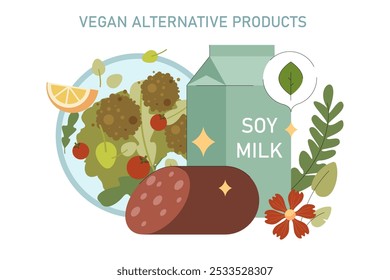 Conceito do Dia Mundial Vegano. Ilustração de leite de soja e alimentos à base de plantas como alternativas leiteiras e de carne. Estilo de vida saudável e escolha de dieta. Ilustração vetorial.