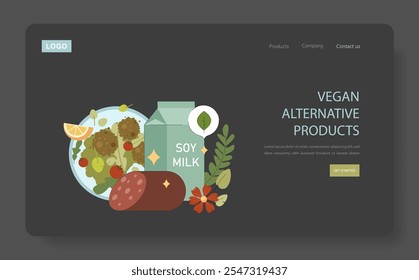 World Vegan Day concept. Web banner illustration of plant-based alternatives, including soy milk and veggie foods. Promotes cruelty-free lifestyle choices. Vector illustration.