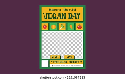World Vegan Day Flyer.  World vegan day background. Vector illustration. Poster, Banner, Flyer, Greeting Card, Post, Template. vegetables.
