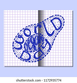 World Vegan Day. Food event concept. Lettering handmade with the name of the event inscribed in the avocado. Imitation of a drawing in a school notebook in a cage