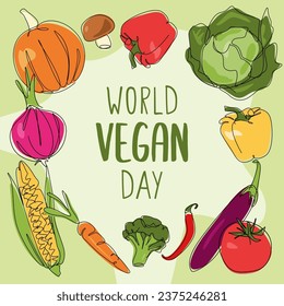 Día Mundial del Vegan. Frutas y verduras en línea de arte. Ilustración vectorial.