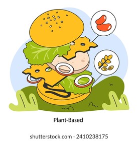 World vegan day. Go vegan. Meat substitutes, meatless product. Cruelty free plant-based diet with with nutrition and vitamins. Flat vector illustration