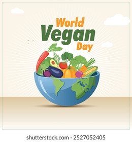 world vegan day good for world, globe with vegetable and food, world map with food. flat design