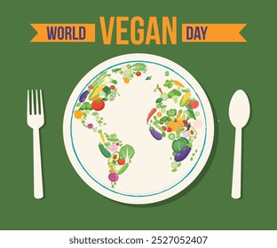 world vegan day good for world, globe with vegetable and food, world map with food. flat design