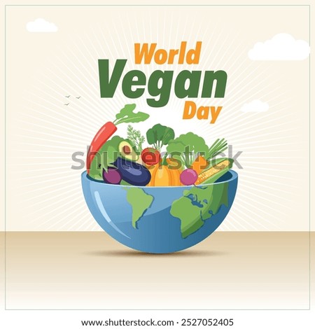 world vegan day good for world, globe with vegetable and food, world map with food. flat design