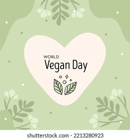 Día Mundial del Vegan. Icono de línea de hojas verdes con texto en forma de corazón. Plantilla de tarjeta de felicitación cuadrada. El medio ambiente y el concepto de productos ecológicos biológicos. Ilustración dibujada a mano por vectores en estilo plano.