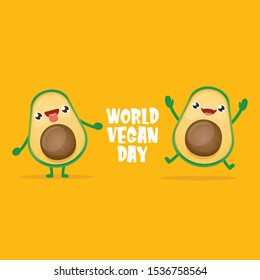 World vegan day greeting card with cartoon happy avocado character isolated on orange background. vector fruit funky character