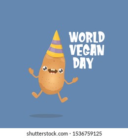 World vegan day greeting card with funny cartoon cute brown smiling tiny potato isolated on blue background. Vegan day banner. vegetable funky character