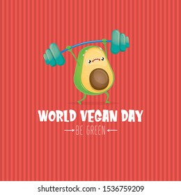 World vegan day greeting card with cartoon strong avocado lifting weight barbell isolated on pink background. Vegan sporty healthy food character making squat exercise with weight. 