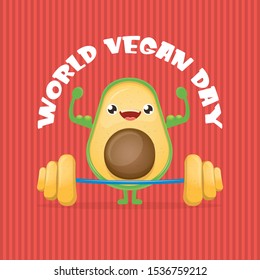 World vegan day greeting card with cartoon strong avocado lifting weight barbell isolated on pink background. Vegan sporty healthy food character making squat exercise with weight. 