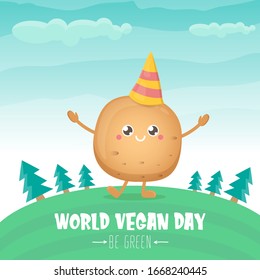 World vegan day greeting card with funny cartoon cute brown smiling tiny potato isolated on on green summer forest background background. Vegan day banner. vegetable funky character