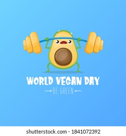 World vegan day greeting card with cartoon strong avocado lifting weight barbell isolated on blue background. Vegan sporty healthy food character making squat exercise with weight. 