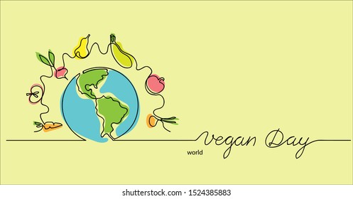 World vegan day hand drawn vector illustration. Vegetarian color background,border with planet, vegetables and fruits.One continuous line drawing. Vegan day lettering.