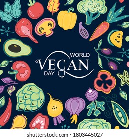 World Vegan day handwritten text, frame of vegetables on dark blue background. Hand drawn cute colorful illustration, doodle style, modern brush calligraphy, hand lettering, typography