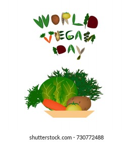 World Vegan Day. Inscription from fruits and vegetables. Vegetables in a plate. Cabbage, carrots, potatoes. Vector illustration on isolated background.