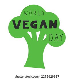 Día vegano mundial dentro de la silueta de brócoli. Cartel de comida a base de plantas, afiche. Ilustración plana vectorial.