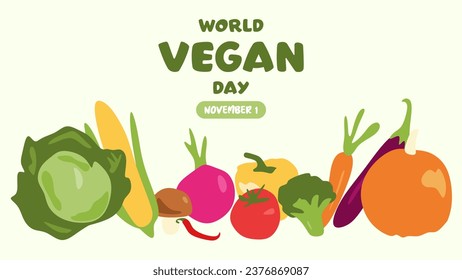 Día Mundial del Vegan. Celebración del 1 de noviembre. Adecuado para afiches, carteles, tarjetas de felicitación, publicaciones en medios sociales. Ilustración vectorial plana.