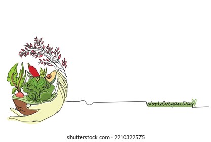 World Vegan Day November Line Art Poster Illustration vector graphic. Vegetables and mother nature. Vegetarian nature hand nourishes. Avocado greens cauliflower earth soil care world habitat line art