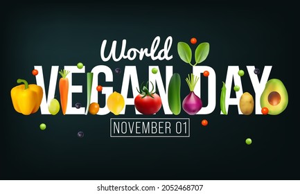 Der Welt-Vegan-Tag wird jedes Jahr am 1. November beobachtet, um die Freude, Mitgefühl und lebensfördernde Möglichkeiten des Vegetarismus zu fördern. Vektorgrafik