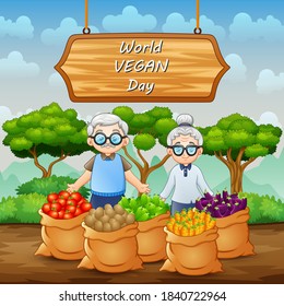 World Vegan Day on sign with vegetables and grandparents pair