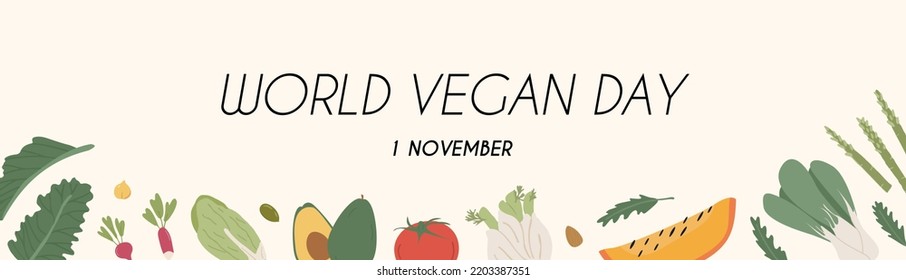 World Vegan Day. Organic vegetables horizontal poster. Healthy veggies banner template with place for text. Local farmer market and dietary food concept. Vector flat illustration on white background.