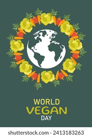 World vegan day poster. Globe with vegetables. Healthy lifestyle and eating with vitamins. Cabbage, carrot and apple. Graphic element for website. Cartoon flat vector illustration