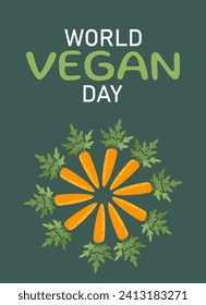 World vegan day poster. Globe with vegetables. Healthy lifestyle and eating with vitamins. Carrot in circle. Social media cover. Balanced nutrition. Cartoon flat vector illustration