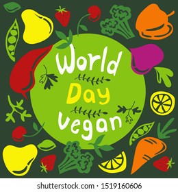 World vegan day poster. Healthy food. Fresh vegetables and fruit on a dark background.