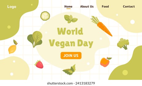 World vegan day poster. Vegetables at webpage. Carrot, brcoccoli and apple, strawberry. Healthy natural and organic eating with vitamins. Landing page design. Cartoon flat vector illustration