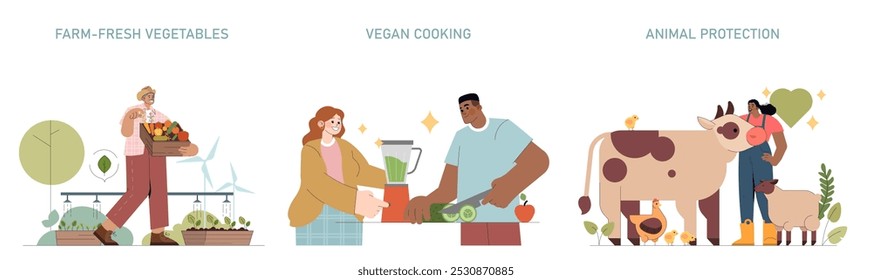 World Vegan Day set. Celebrating plant-based lifestyle through farm-fresh produce, vegan cooking, and animal protection advocacy. Vector illustration.